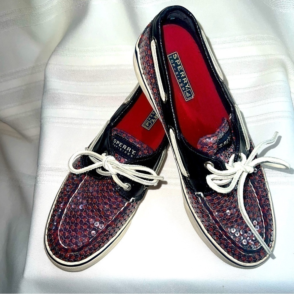 Sperry Top‎ Sider 2-eye Navy Red Polka Dots Clear Sequins Boat Shoes Sz 8 EUC - Picture 5 of 12